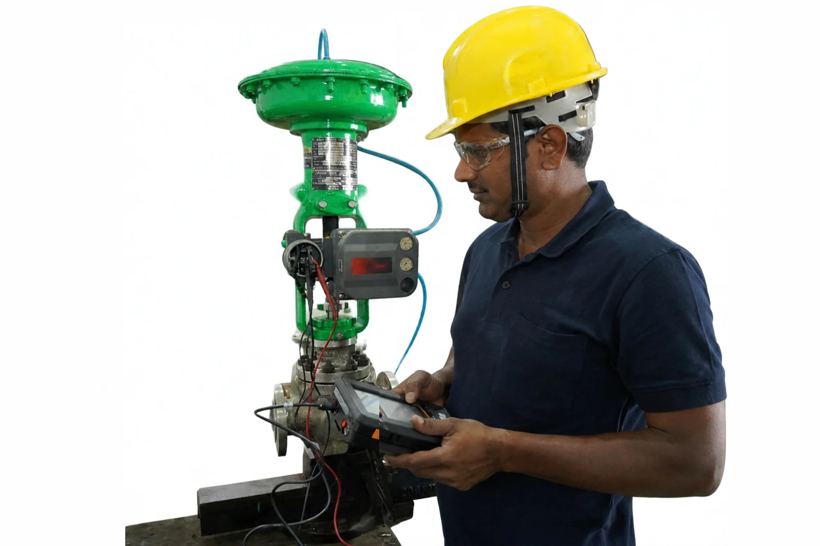 Technician calibrating a refurbished control valve in the facility